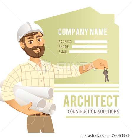 Architect in helmet with blueprints and keys in Architect in helmet with blueprints and keys in 26063956