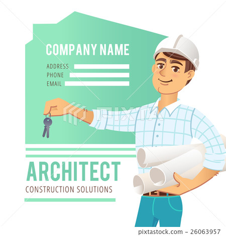 Architect in helmet with blueprints and keys in Architect in helmet with blueprints and keys in 26063957