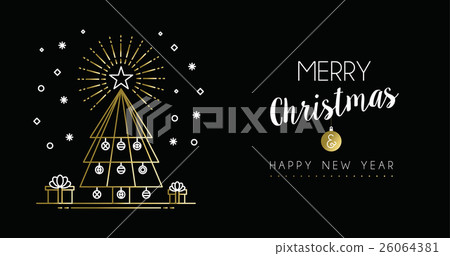 Gold Christmas New Year outline pine tree banner - Stock Illustration ...