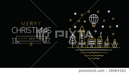 Gold Christmas and New Year line art city banner - Stock Illustration ...