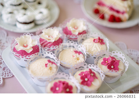 Close up, cupcakes on tray decorated with pink 26066831