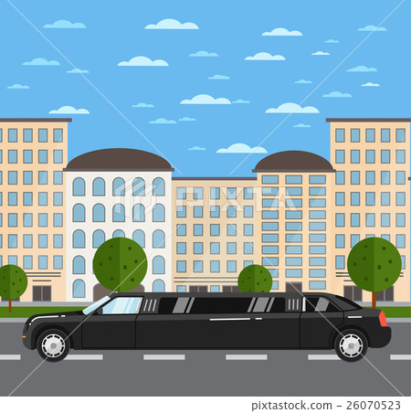 Black luxurious limousine on road in city Black luxurious limousine on road in city 26070523
