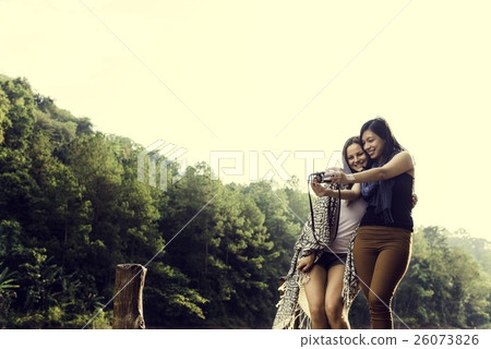 Girls Friends Exploring Outdoors Nature Concept Girls Friends Exploring Outdoors Nature Concept 26073826
