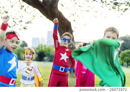 Superheroes Cheerful Kids Expressing Positivity Concept Superheroes Cheerful Kids Expressing Positivity Concept 26073972