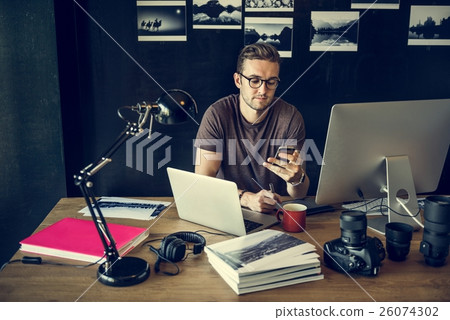 Man Busy Photographer Editing Home Office Concept 26074302