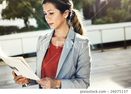 Businesswoman Reading Newspaper Information City Concept 26075137