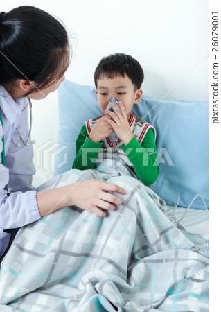 Asian boy with mask having respiratory illness. Asian boy with mask having respiratory illness. 26079001