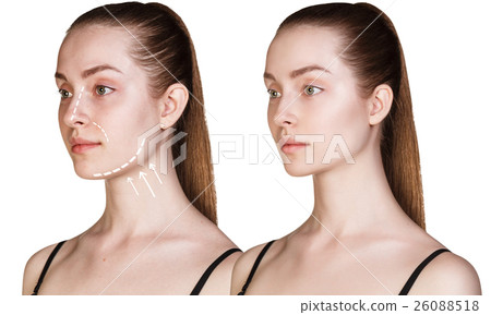 Young woman with arrows on face Young woman with arrows on face 26088518