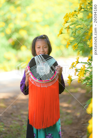 Beautiful asian Lahu girl hold custom hat in hand. Beautiful asian Lahu girl hold custom hat in hand. 26094160