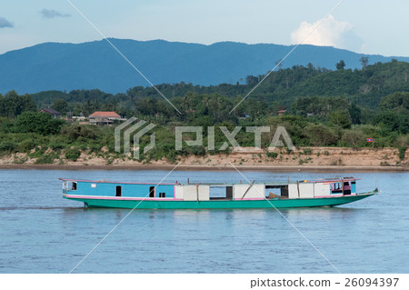 Laos boat on Khong river in Golden triangle. Laos boat on Khong river in Golden triangle. 26094397