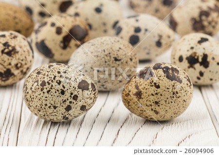 Quail eggs on old white wooden table. Quail eggs on old white wooden table. 26094906