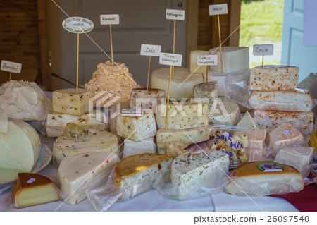 Different sort of cheeses in bio market in Hungary 26097540