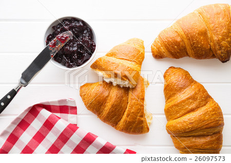 Tasty buttery croissant and jam in jar. Tasty buttery croissant and jam in jar. 26097573