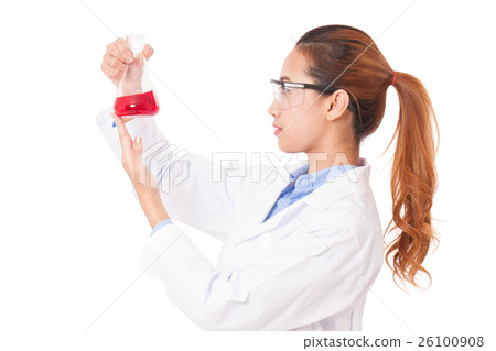 scientific researcher holding at a liquid solution 26100908