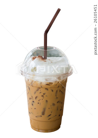 Iced coffee in plastic glass on wooden table.  26105451