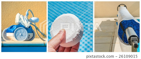 Collage close-up maintenance of a private pool 26109015