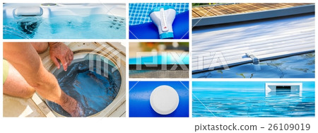 Collage close-up maintenance of a private pool 26109019