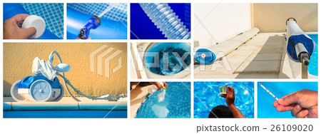 Collage close-up maintenance of a private pool 26109020