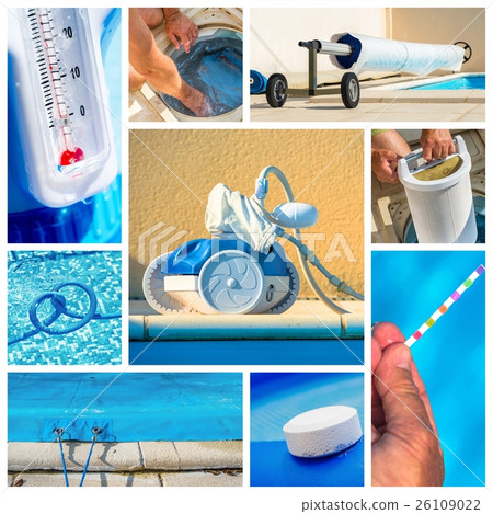 Collage close-up maintenance of a private pool 26109022