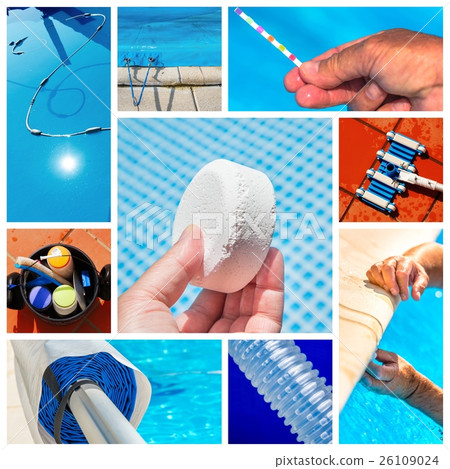 Collage close-up maintenance of a private pool 26109024
