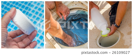Collage close-up maintenance of a private pool 26109027