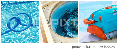 Collage close-up maintenance of a private pool 26109029