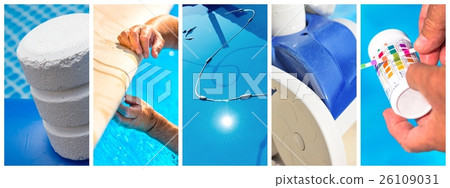 Collage close-up maintenance of a private pool 26109031