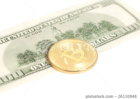 bitcoin coin and one hundred dollar banknote 26110848