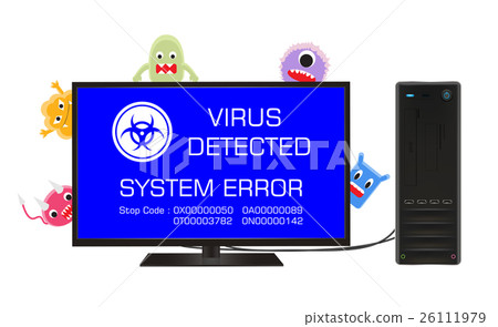 desktop computer error screen with cartoon virus desktop computer error screen with cartoon virus 26111979