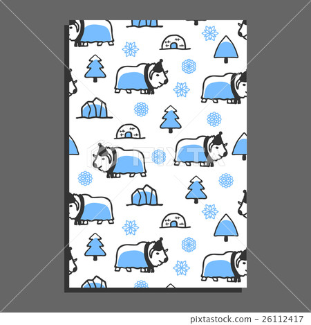 Greeting card template with cute cartoon musk-ox 26112417