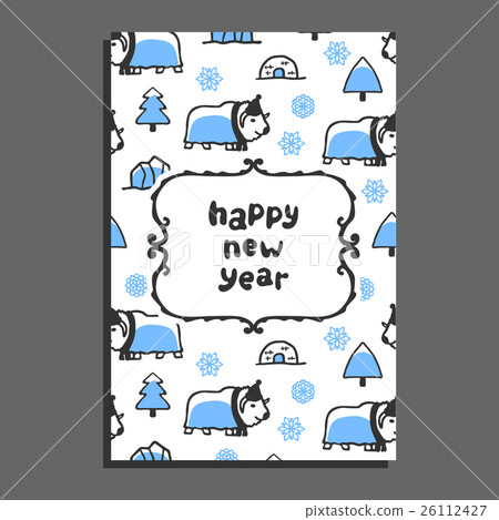 Happy new year card template with cute cartoon 26112427