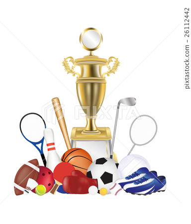 group of sport equipment with gold trophy group of sport equipment with gold trophy 26112442