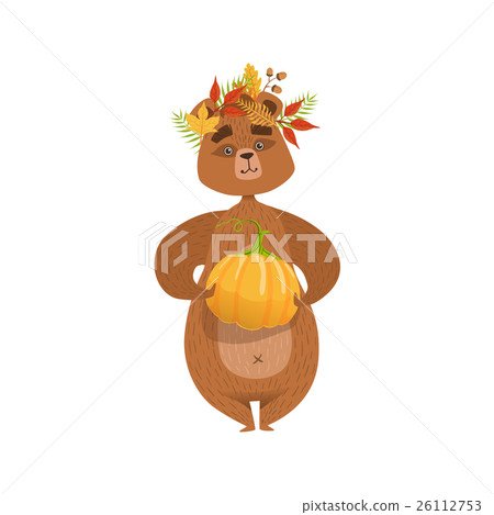 Girly Cartoon Brown Bear Character Holding Pumpkin Girly Cartoon Brown Bear Character Holding Pumpkin 26112753