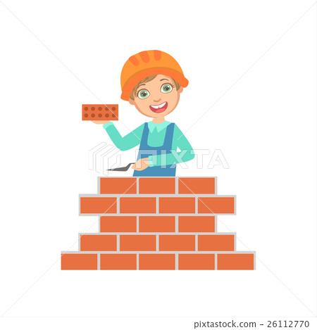 Boy Building A Brick Wall, Kid Dressed As Builder Boy Building A Brick Wall, Kid Dressed As Builder 26112770