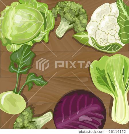 Various types of cabbage on wooden background. Various types of cabbage on wooden background. 26114152