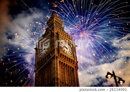 Stock Photo: New Year in the city - Big Ben with fireworks