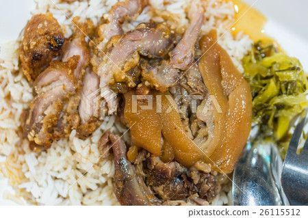 Stewed pork leg on rice with garlic and kale Stewed pork leg on rice with garlic and kale 26115512