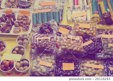 Market counter with olives and olive products 26118283