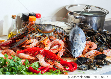 Fresh raw seafood and fish Fresh raw seafood and fish 26118603
