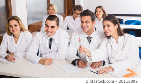 Health-care workers during educational program in school Health-care workers during educational program in school 26118899