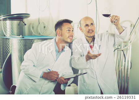 Glad winery workers standing with glass of wine Glad winery workers standing with glass of wine 26119331