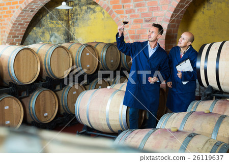 Winery employees checking up wine sample 26119637