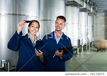 Portrait of young two experts examining wine 26119655