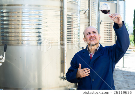 winery employee with glass of wine. winery employee with glass of wine. 26119656