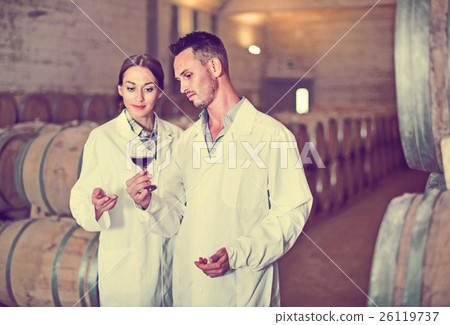 Portrait of young man and woman holding glass of wine in winery Portrait of young man and woman holding glass of wine in winery 26119737