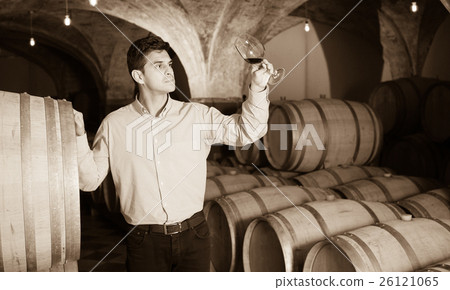 Man posing in winery cellar 26121065