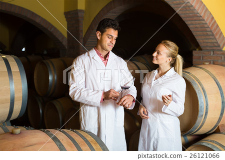 Two wine house workers checking quality of product 26121066
