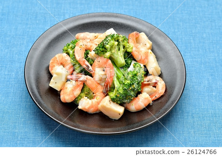 Seafood, prawn Mayo, broccoli stir-fry (shrimp, talca, scallop). Stir - fried mayonnaise. 26124766