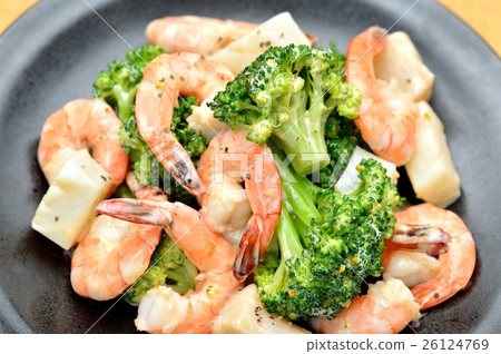 Seafood, prawn Mayo, broccoli stir-fry (shrimp, talca, scallop). Stir - fried mayonnaise. Seafood, prawn Mayo, broccoli stir-fry (shrimp, talca, scallop). Stir - fried mayonnaise. 26124769