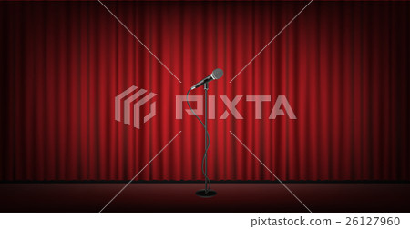 microphone stand on stage with red curtain 26127960
